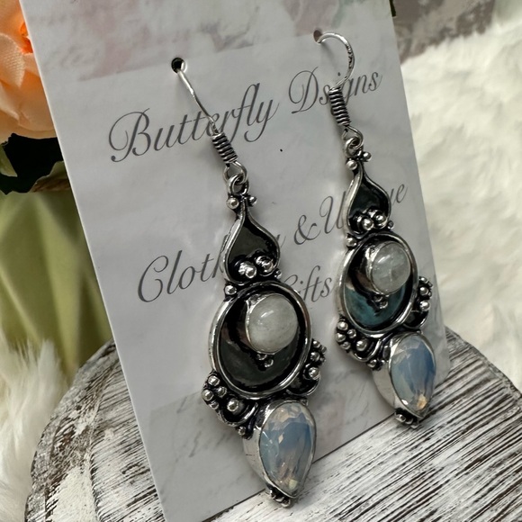 0123 Opalite Rainbow Moonstone Artisan Drop Earrings Silver Gemstone Jewelry - Picture 9 of 13